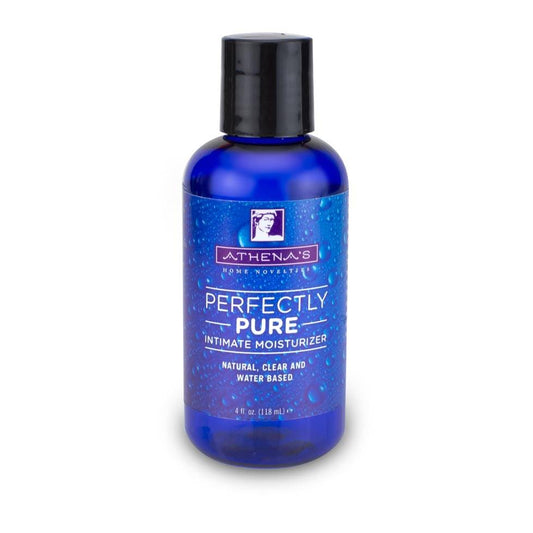 Blue bottle of Athena's Perfectly Pure intimate moisturizer on a white background