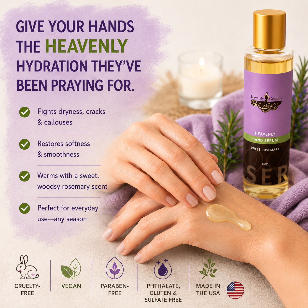 Heavenly Hand Serum Sweet Rosemary bottle shown next to a person's hands with a drop of serum on the back of one hand, set against a spa-like background with a purple towel, candle, and lavender sprigs. The left side features product benefits text, and the bottom features feature icons.