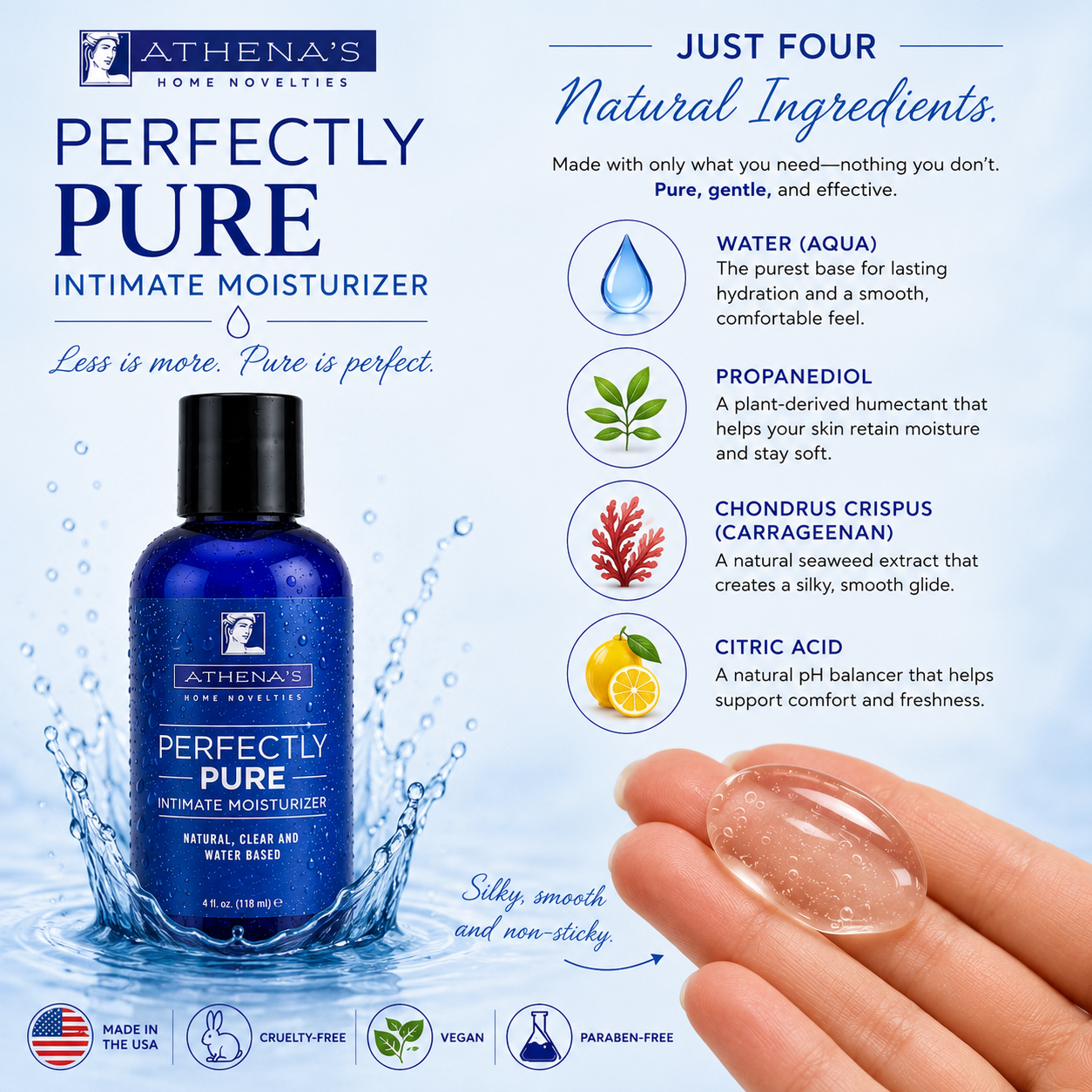 A bottle of Athena's Home Scents 'Perfectly Pure Intimate Moisturizer' is shown on a light blue background with water splash graphics. A human hand is visible on the right side touching a clear gel, and text lists four natural ingredients: water, propandiol, chondroid crispus, and citric acid.