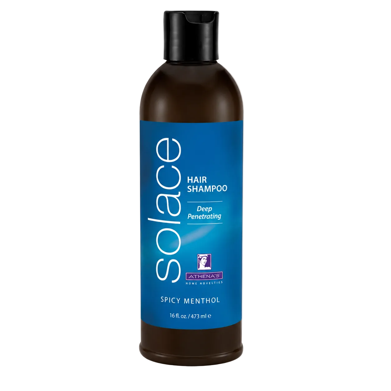 Solace hair shampoo bottle with blue label on a white background