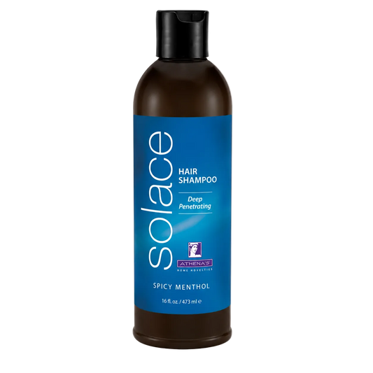 Solace hair shampoo bottle with blue label on a white background