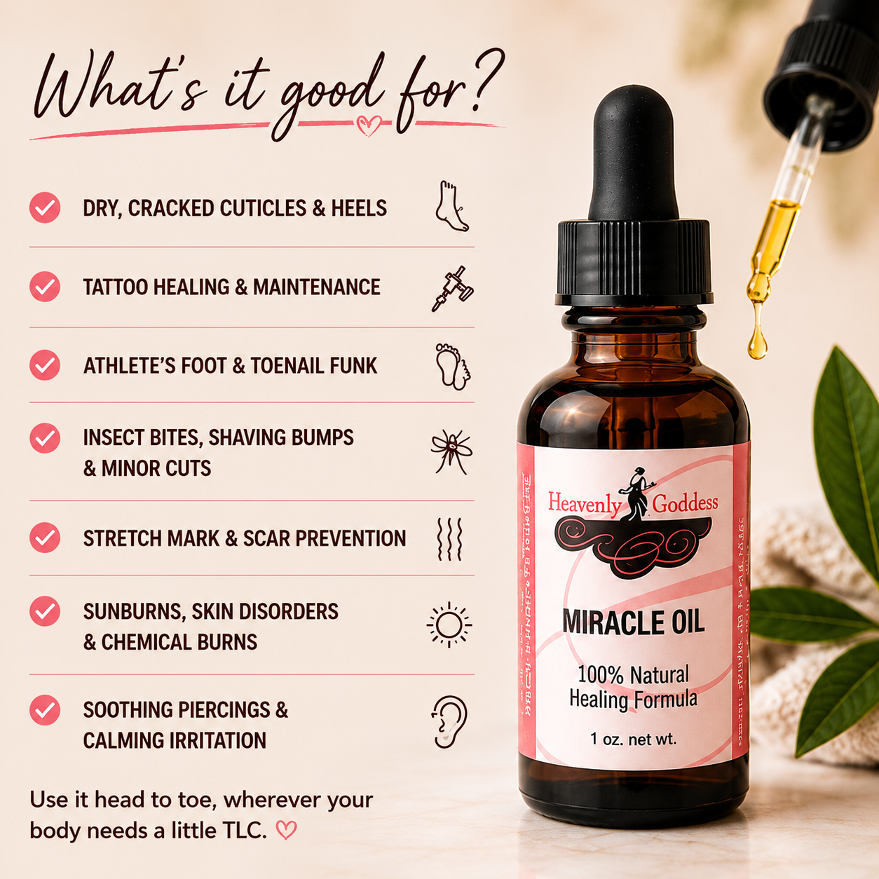 An amber glass dropper bottle labeled 'Heavenly Goddess Miracle Oil' on a beige background, with a dropper above it dispensing golden oil and a vertical list of claimed benefits on the left.