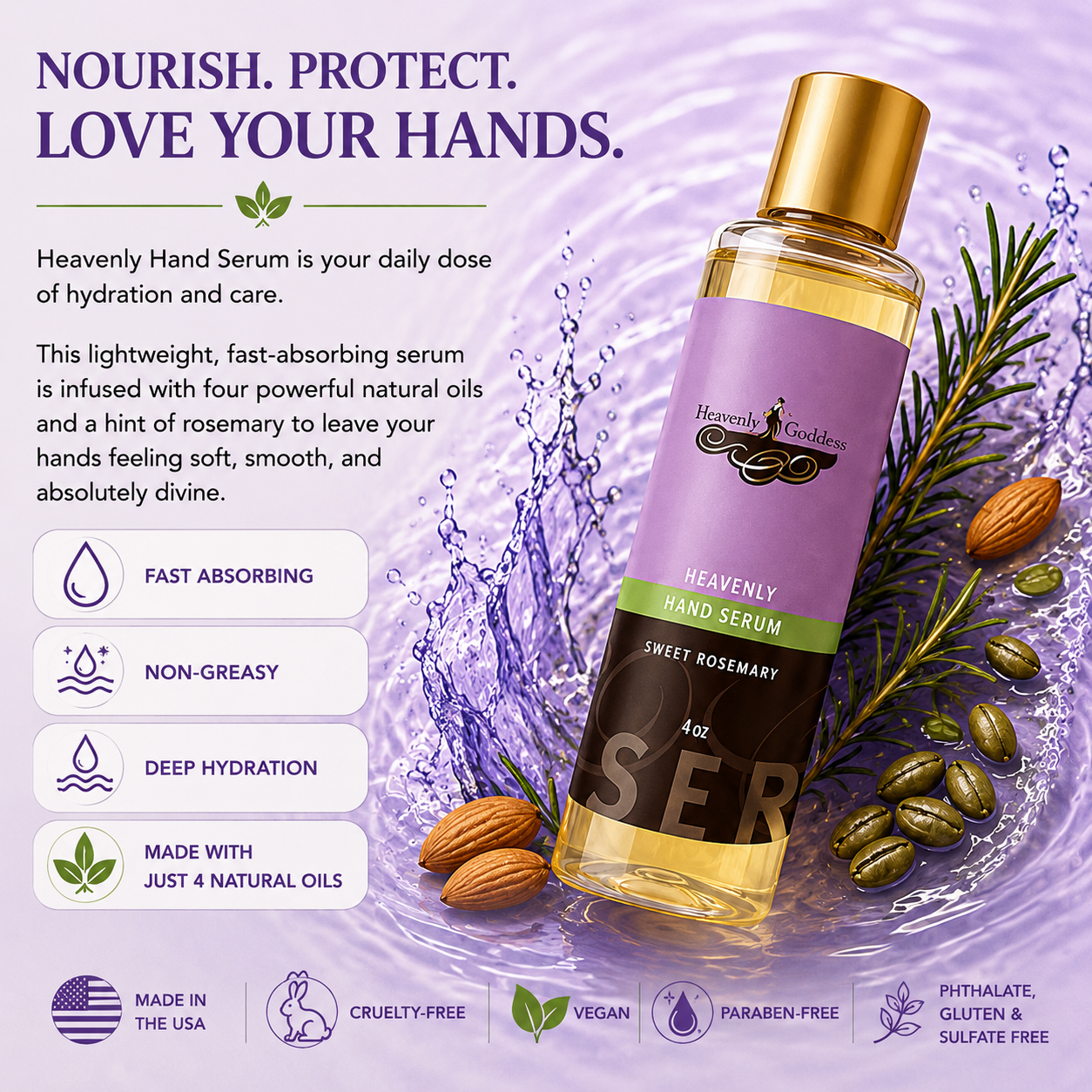Heavenly Hand Serum Sweet Rosemary 4 oz bottle with a purple and black label and gold cap, surrounded by almonds, rosemary sprigs, and purple water splash graphics with product benefits and claims on a lavender background.