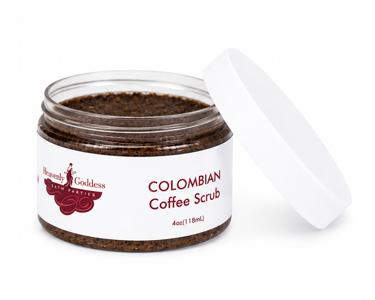 Colombian Coffee Scrub packaging with white labels and brown coffee scrub visible.