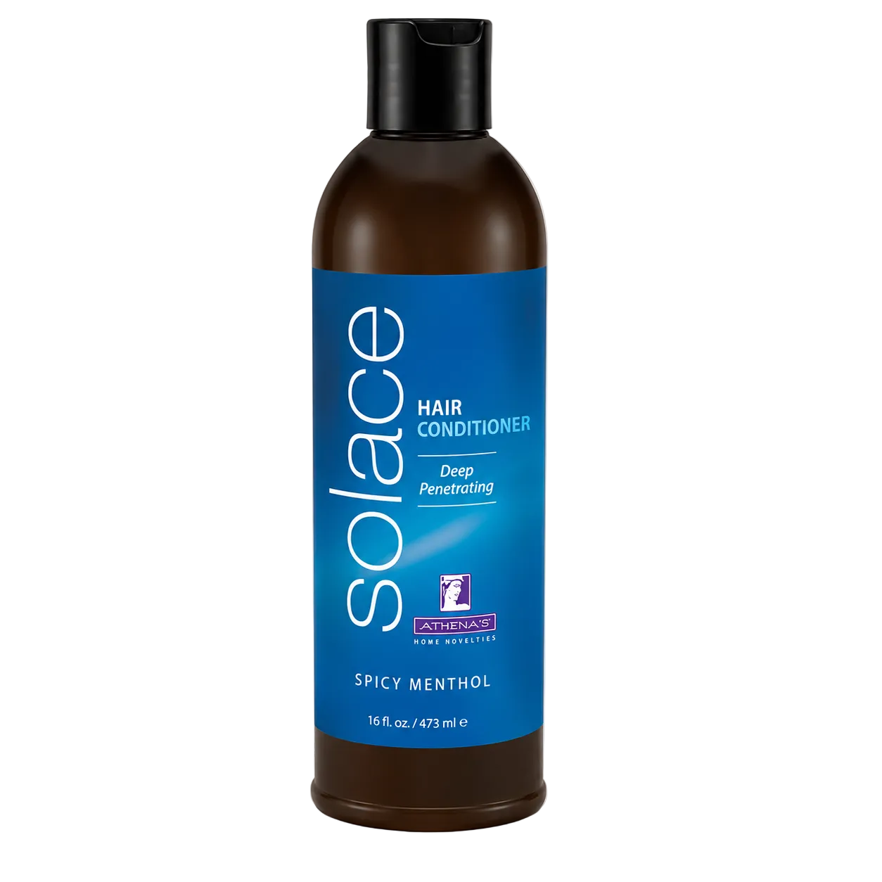 Bottle of Solace hair conditioner with blue label on a white background