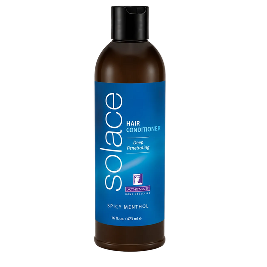 Bottle of Solace hair conditioner with blue label on a white background