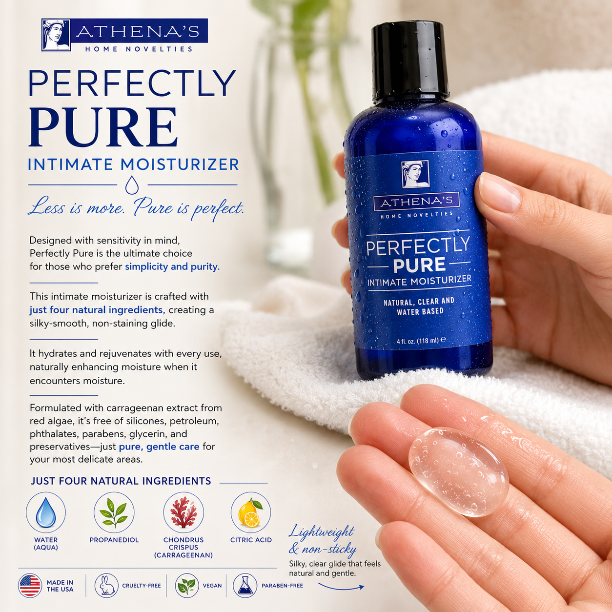 A hand holds a blue bottle of Athena's Home Novelities Perfectly Pure Intimate Moisturizer against a soft white towel background, with product text and ingredient icons on the left.