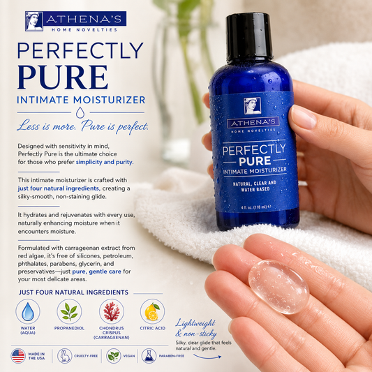A hand holds a blue bottle of Athena's Home Novelities Perfectly Pure Intimate Moisturizer against a soft white towel background, with product text and ingredient icons on the left.