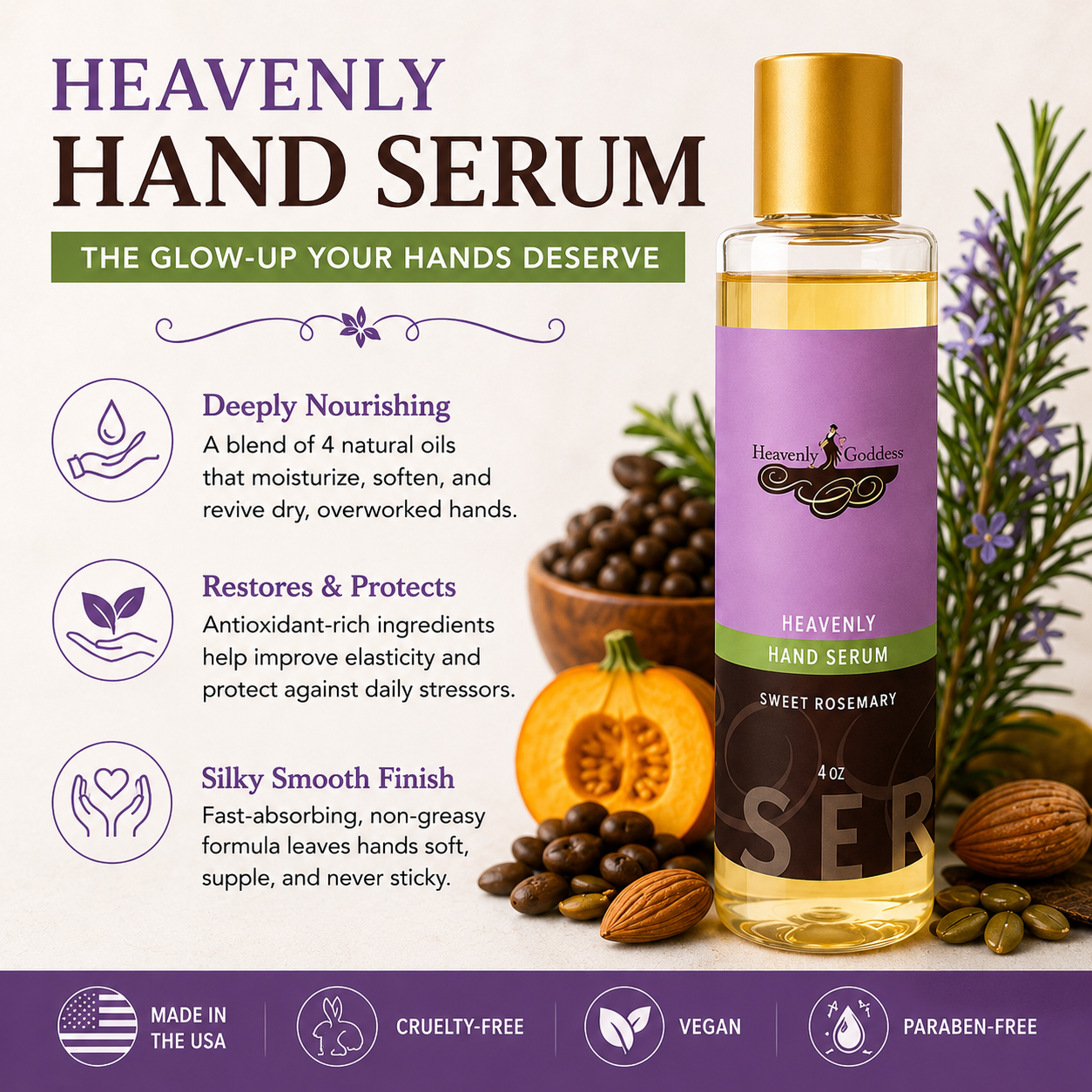 Heavenly Hand Serum bottle with a purple label and gold cap, surrounded by hand care ingredients like almonds, rose petals, and lavender on a light background with product benefits text.