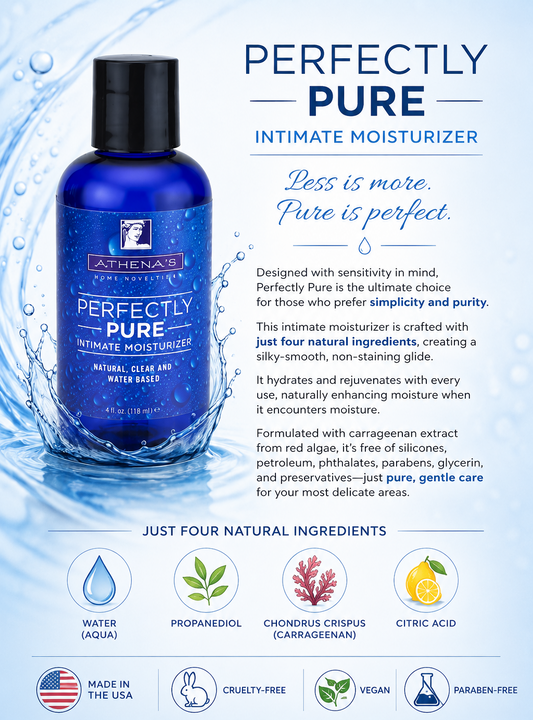 Advertisement for Athena's Perfectly Pure Intimate Moisturizer with product image and features listed.