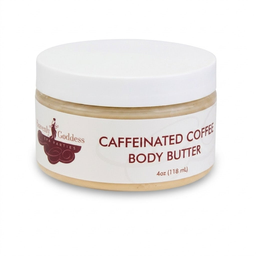 A jar of Beauty Goddess Caffeinated Coffee Body Butter, featuring a white lid and a white label with dark red text and logo, set against a plain white background.